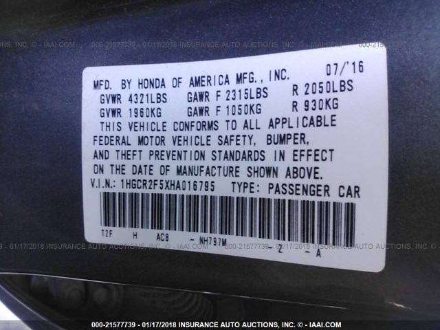 1HGCR2F5XHA016795 - 2017 HONDA ACCORD SPORT ნაცრისფერი ფოტო 9