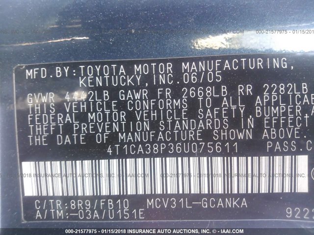 4T1CA38P36U075611 - 2006 TOYOTA CAMRY SOLARA SE/SLE BLUE photo 9