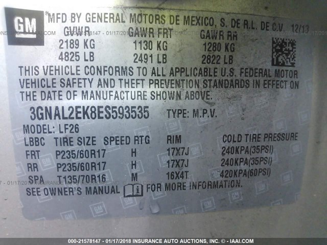 3GNAL2EK8ES593535 - 2014 CHEVROLET CAPTIVA LS 米色 照片 9