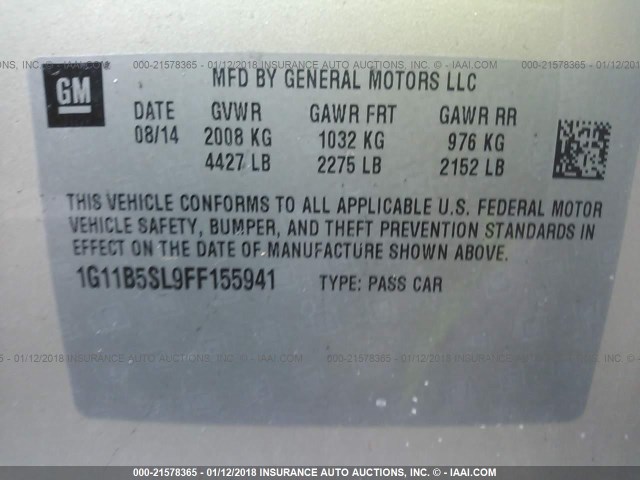 1G11B5SL9FF155941 - 2015 CHEVROLET MALIBU LS 金色 照片 9