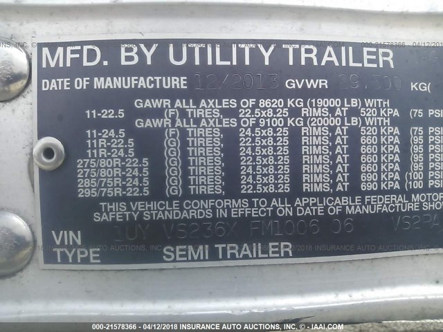 1UYVS236XFM100606 - 2015 UTILITY TRAILER MFG REEFER  SILVER photo 9