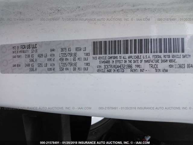 3C6TRVAG4HE521986 - 2017 RAM PROMASTER 1500 1500 STANDARD WHITE photo 9