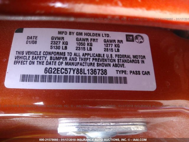 6G2EC57Y88L136738 - 2008 PONTIAC G8 GT ORANGE photo 9