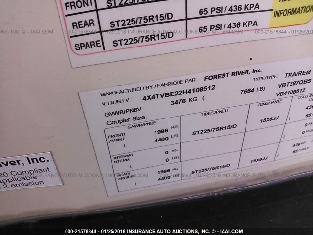 4X4TVBE22H4108512 - 2017 FOREST RIVER VIBE  Թուխ լուսանկար 9
