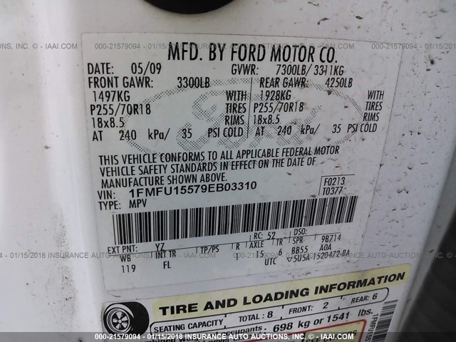 1FMFU15579EB03310 - 2009 FORD EXPEDITION XLT Ağ foto 9