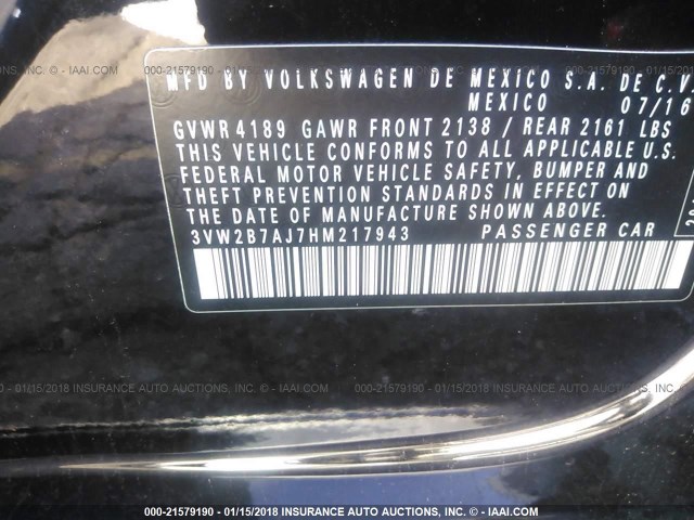 3VW2B7AJ7HM217943 - 2017 VOLKSWAGEN JETTA S 黑色 照片 9