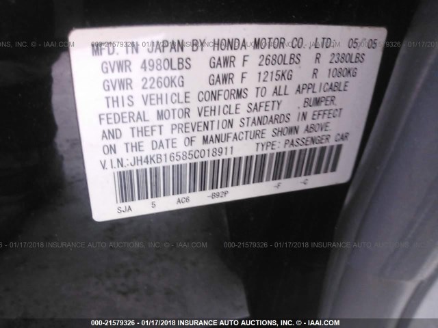 JH4KB16585C018911 - 2005 ACURA RL შავი ფოტო 9