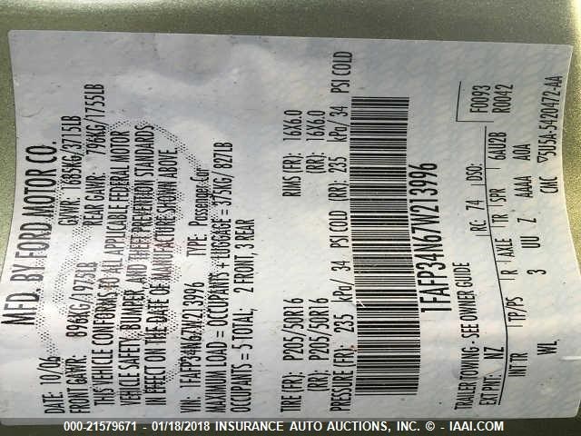 1FAFP34N67W213996 - 2007 FORD FOCUS ZX4/S/SE/SES 绿色 照片 9