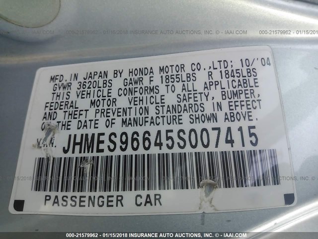 JHMES96645S007415 - 2005 HONDA CIVIC HYBRID BLUE photo 9