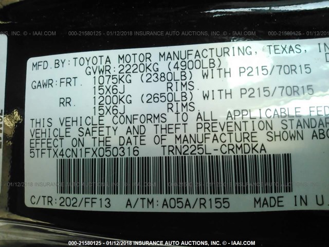 5TFTX4CN1FX050316 - 2015 TOYOTA TACOMA ACCESS CAB BLACK photo 9