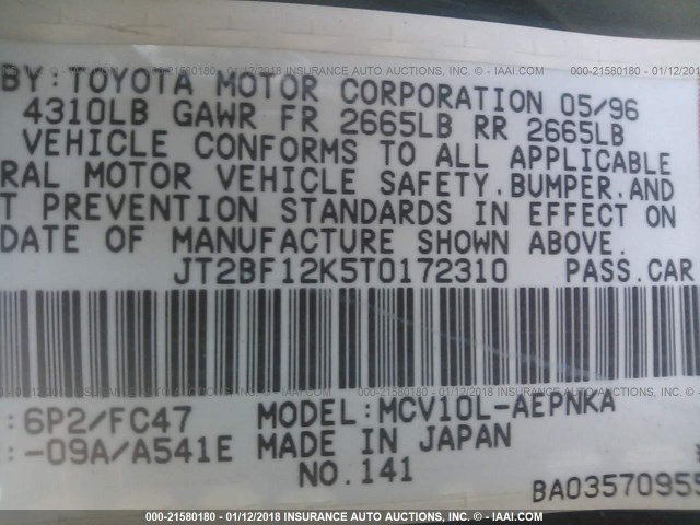 JT2BF12K5T0172310 - 1996 TOYOTA CAMRY LE/XLE/SE 绿色 照片 9