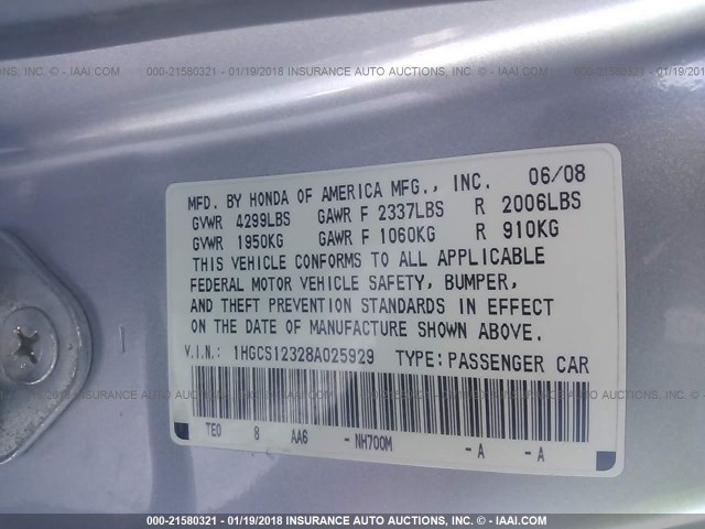 1HGCS12328A025929 - 2008 HONDA Accord LX-S SILVER photo 9