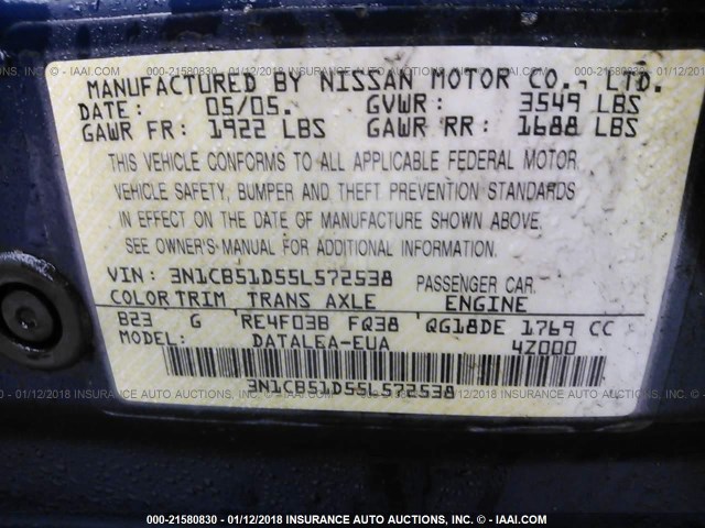 3N1CB51D55L572538 - 2005 NISSAN SENTRA 1.8/1.8S BLUE photo 9