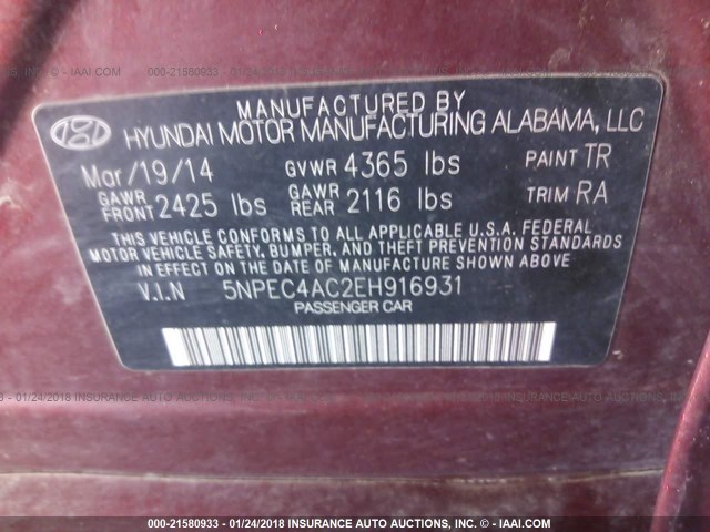 5NPEC4AC2EH916931 - 2014 HYUNDAI SONATA SE/LIMITED MAROON photo 9