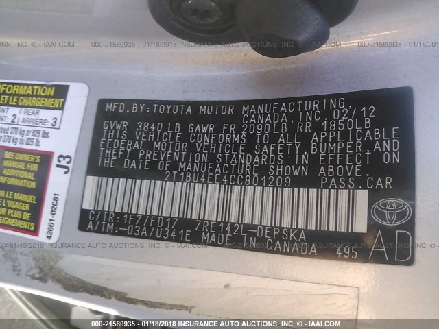 2T1BU4EE4CC801209 - 2012 TOYOTA COROLLA S/LE SILVER photo 9