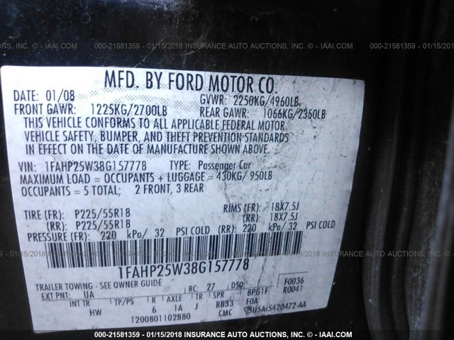 1FAHP25W38G157778 - 2008 FORD TAURUS LIMITED BLACK photo 9