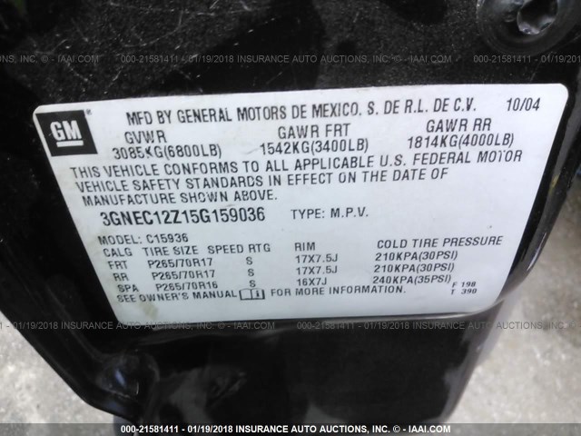 3GNEC12Z15G159036 - 2005 CHEVROLET AVALANCHE C1500 BLACK photo 9