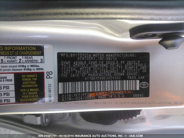 4T1BK1FK8EU024382 - 2014 TOYOTA CAMRY SE/XLE SILVER photo 9