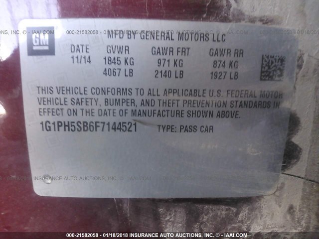 1G1PH5SB6F7144521 - 2015 CHEVROLET CRUZE ECO MAROON photo 9