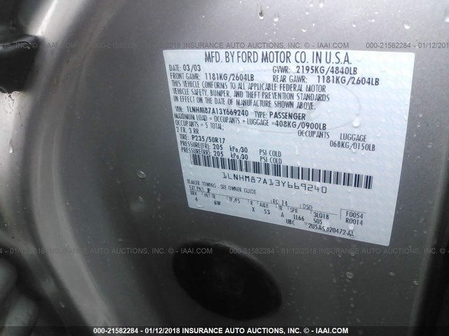 1LNHM87A13Y669240 - 2003 LINCOLN LS SILVER photo 9