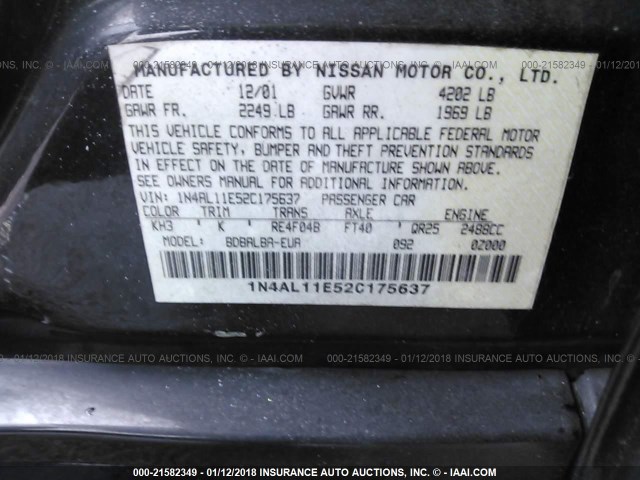 1N4AL11E52C175637 - 2002 NISSAN ALTIMA S/SL BLACK photo 9