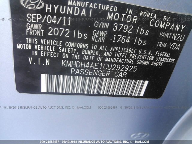 KMHDH4AE1CU292925 - 2012 HYUNDAI ELANTRA GLS/LIMITED TEAL photo 9