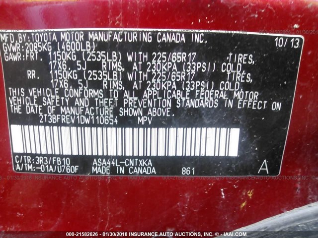 2T3BFREV1DW110654 - 2013 TOYOTA RAV4 LE RED photo 9