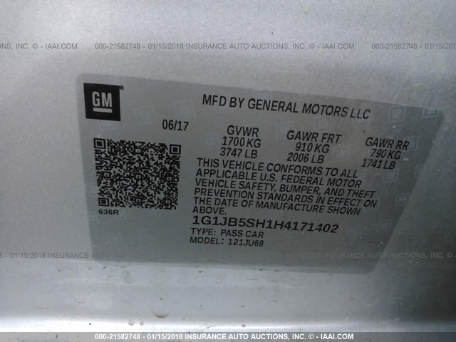 1G1JB5SH1H4171402 - 2017 CHEVROLET SONIC LS 银色 照片 9