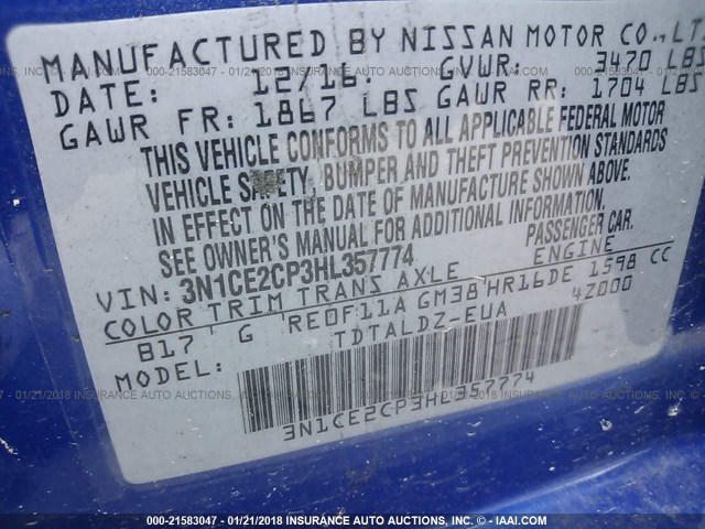 3N1CE2CP3HL357774 - 2017 NISSAN VERSA NOTE S/S PLUS/SV/SL/SR BLUE photo 9