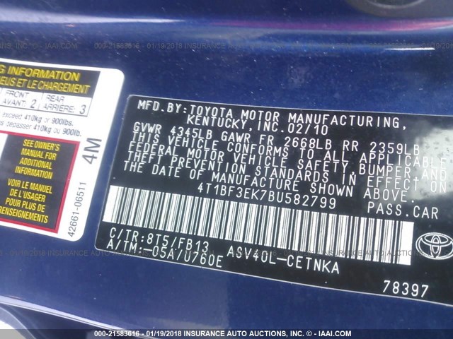 4T1BF3EK7BU582799 - 2011 TOYOTA CAMRY SE/LE/XLE 蓝色 照片 9