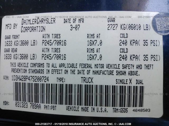 1D3HW28P47S200724 - 2007 DODGE DAKOTA QUAD/ST BLUE photo 9