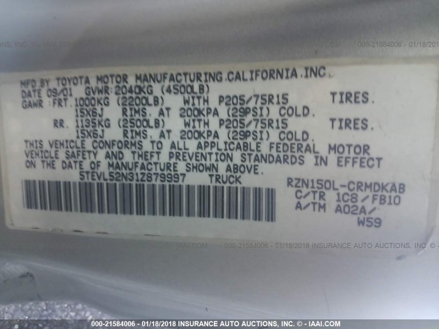 5TEVL52N31Z879997 - 2001 TOYOTA TACOMA XTRACAB SILVER photo 9