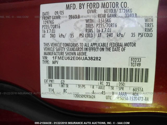 1FMEU62E06UA38282 - 2006 FORD EXPLORER XLS RED photo 9