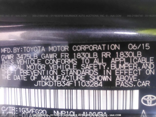 JTDKDTB34F1103284 - 2015 TOYOTA PRIUS C GRAY photo 9