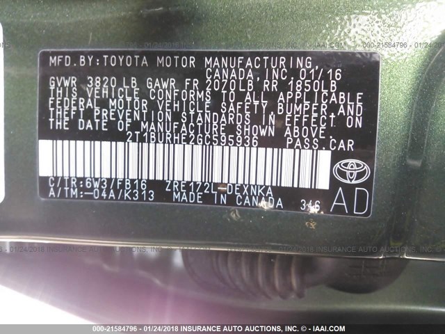 2T1BURHE2GC595936 - 2016 TOYOTA COROLLA L/LE/LE PLS/PRM/S/S PLS GREEN photo 9