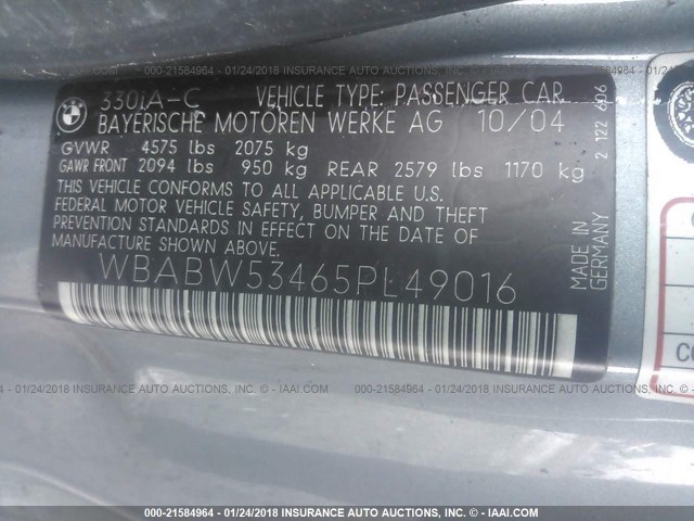 WBABW53465PL49016 - 2005 BMW 330 CI GRAY photo 9