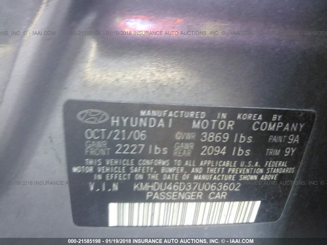 KMHDU46D37U063602 - 2007 HYUNDAI ELANTRA GLS/SE/LIMITED GRAY photo 9