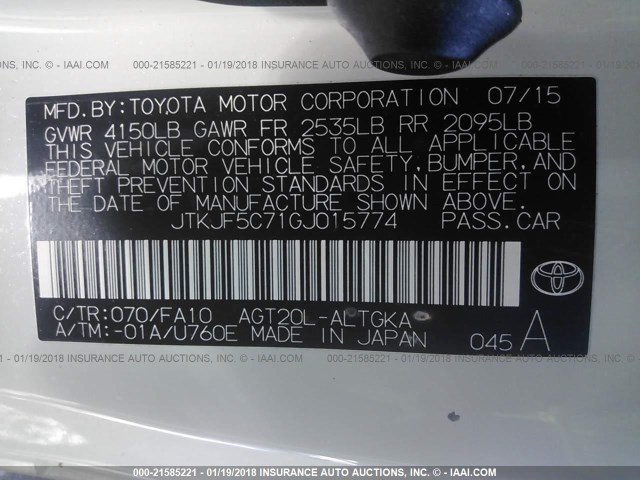 JTKJF5C71GJ015774 - 2016 TOYOTA SCION TC 白色 照片 9