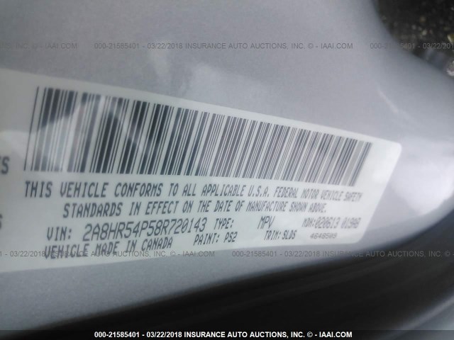 2A8HR54P58R720143 - 2008 CHRYSLER TOWN & COUNTRY TOURING SILVER photo 9