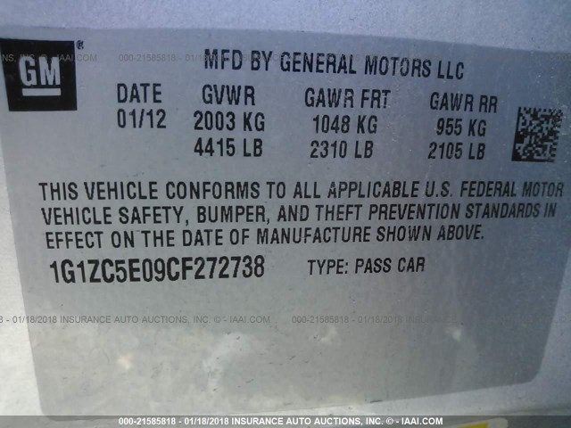 1G1ZC5E09CF272738 - 2012 CHEVROLET MALIBU 1LT 银色 照片 9