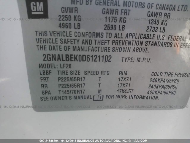 2GNALBEK0D6121102 - 2013 CHEVROLET EQUINOX LS WHITE photo 9