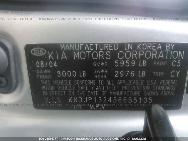 KNDUP132456655105 - 2005 KIA SEDONA EX/LX SILVER photo 9