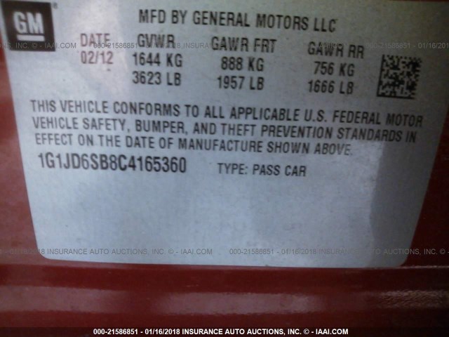 1G1JD6SB8C4165360 - 2012 CHEVROLET SONIC LT MAROON photo 9