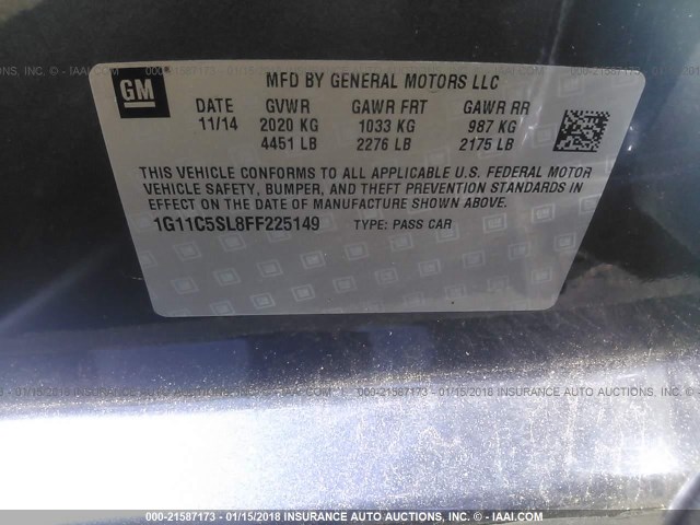 1G11C5SL8FF225149 - 2015 CHEVROLET MALIBU 1LT 浅蓝色 照片 9