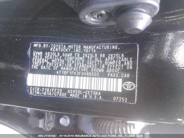 4T1BF1FK3FU486502 - 2015 TOYOTA CAMRY LE/XLE/SE/XSE BLACK photo 9