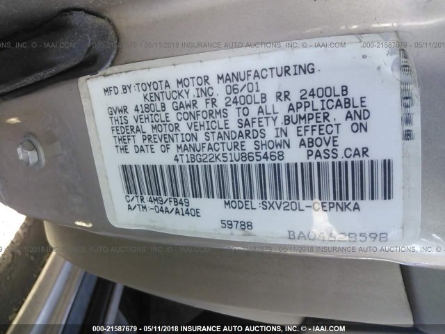 4T1BG22K51U865468 - 2001 TOYOTA CAMRY CE/LE/XLE 棕色 照片 9