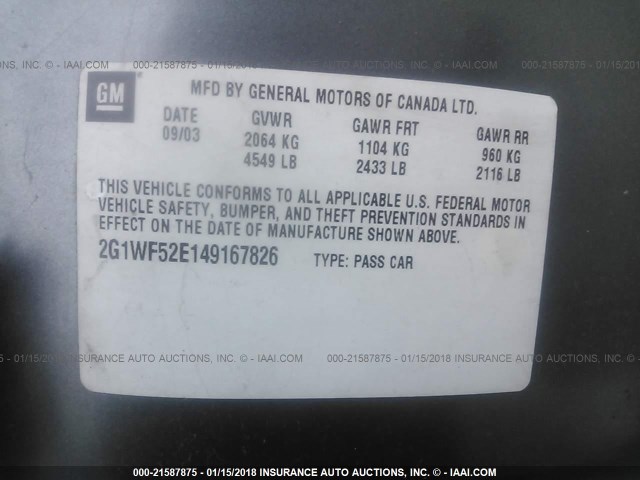 2G1WF52E149167826 - 2004 CHEVROLET IMPALA GRAY photo 9