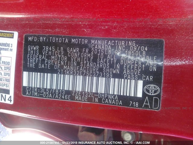 2T1KR32E75C373199 - 2005 TOYOTA COROLLA MATRIX XR RED photo 9