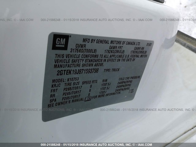 2GTEK19J871593798 - 2007 GMC NEW SIERRA K1500 WHITE photo 9