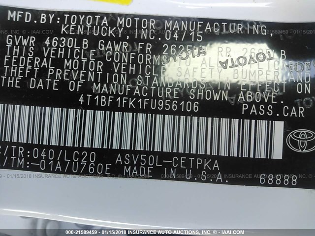 4T1BF1FK1FU956106 - 2015 TOYOTA CAMRY LE/XLE/SE/XSE Weiß Foto 9